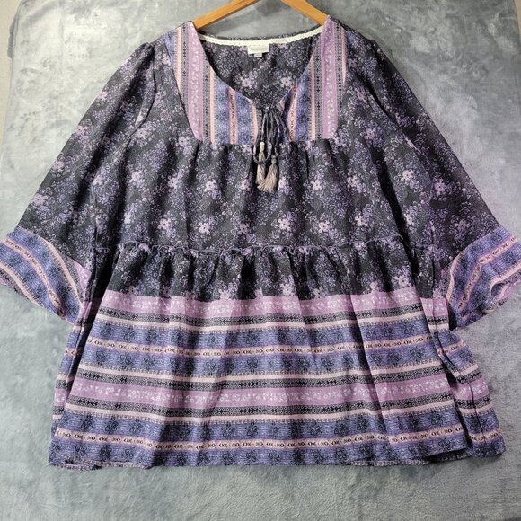 Avenue Tops - Avenue Womens Boho Tunic Top 22/24 Purple Floral Stripe Babydoll Plus Size